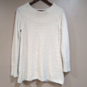 Loft Womens M Fuzzy Mock Neck Long Sleeve Sweater Ivory Cream Cozy Cabin Neutral
